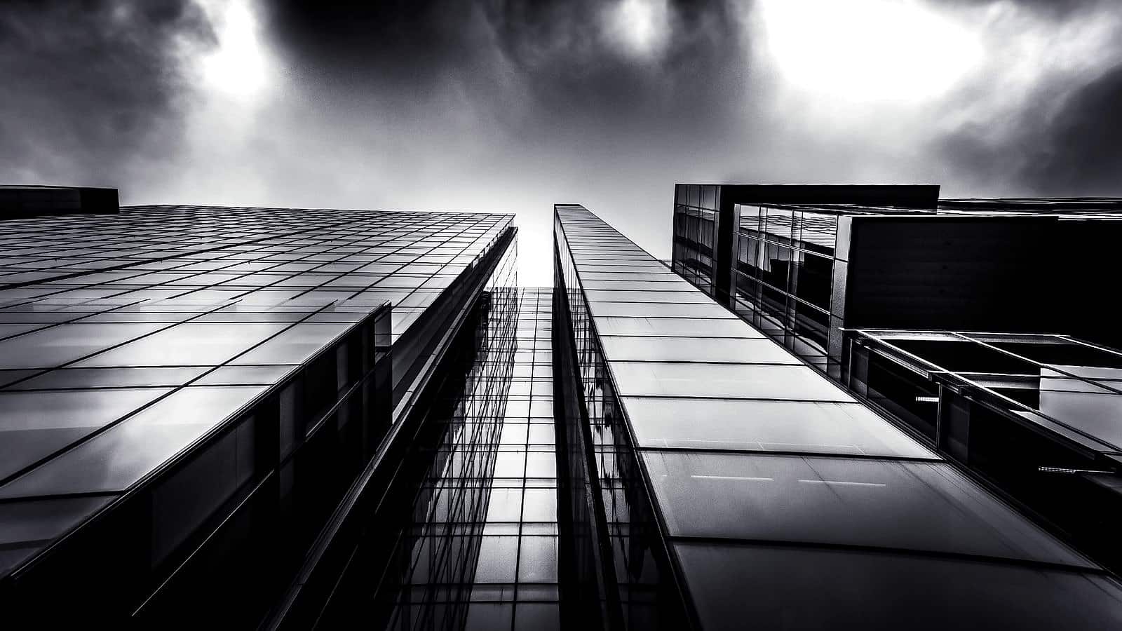 Modern glass facade viewed from below